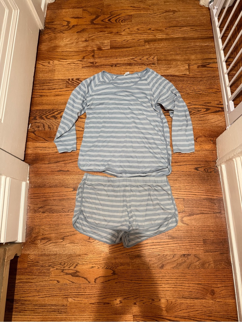Women's Blue & White Striped Pajama Top and Shorts Set